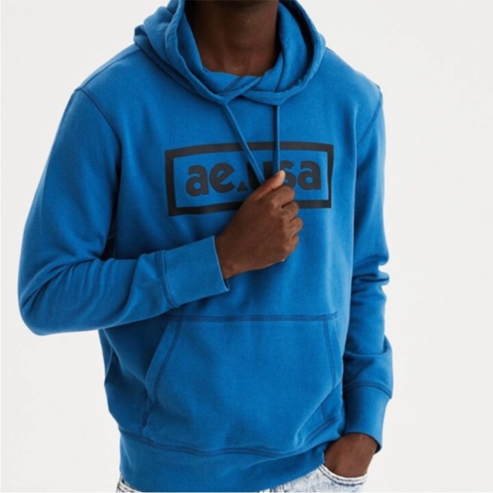 American Eagle Outfitters Men's Blue Black Spellout Long Sleeve Hoodie  S